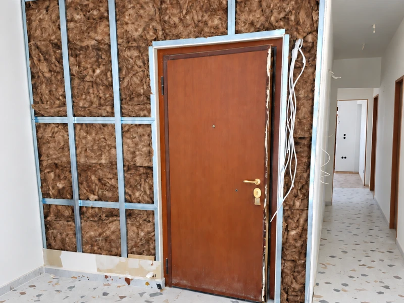 Μεταλλικός σκελετός και μονωτικό υλικό σε χώρισμα γυψοσανίδας υπό κατασκευή